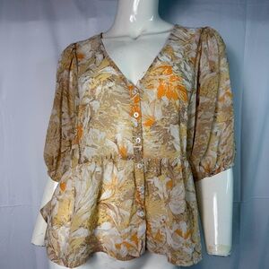 LUSH Floral Peplum Top Large Yellow Orange V-Neck Button Front Boho Puff Sleeve